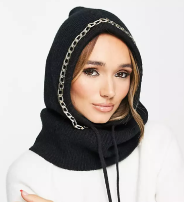 ALDO Yba knitted hood with chain embellishment in black
