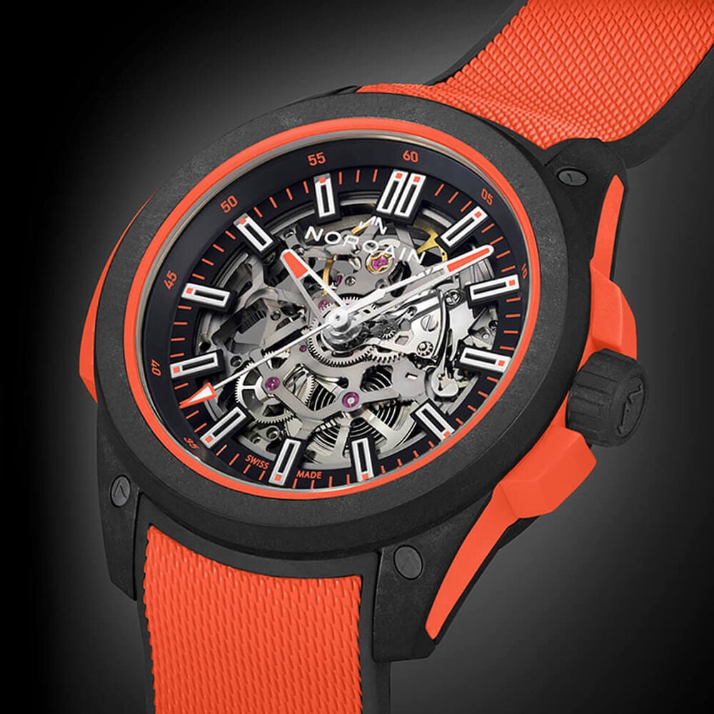 NORQAIN Wild ONE Skeleton 42mm Dial Coral Red Rubber Strap Watch image number 1