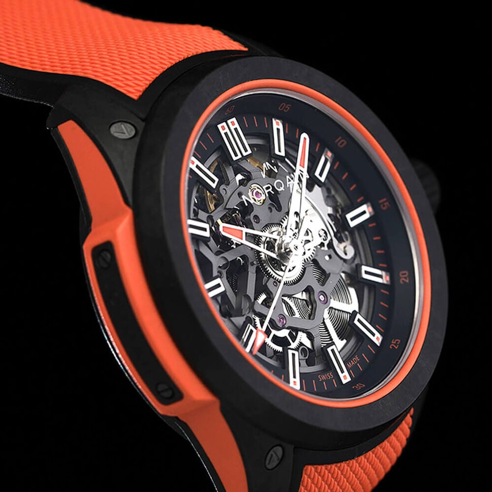 NORQAIN Wild ONE Skeleton 42mm Dial Coral Red Rubber Strap Watch image number 3