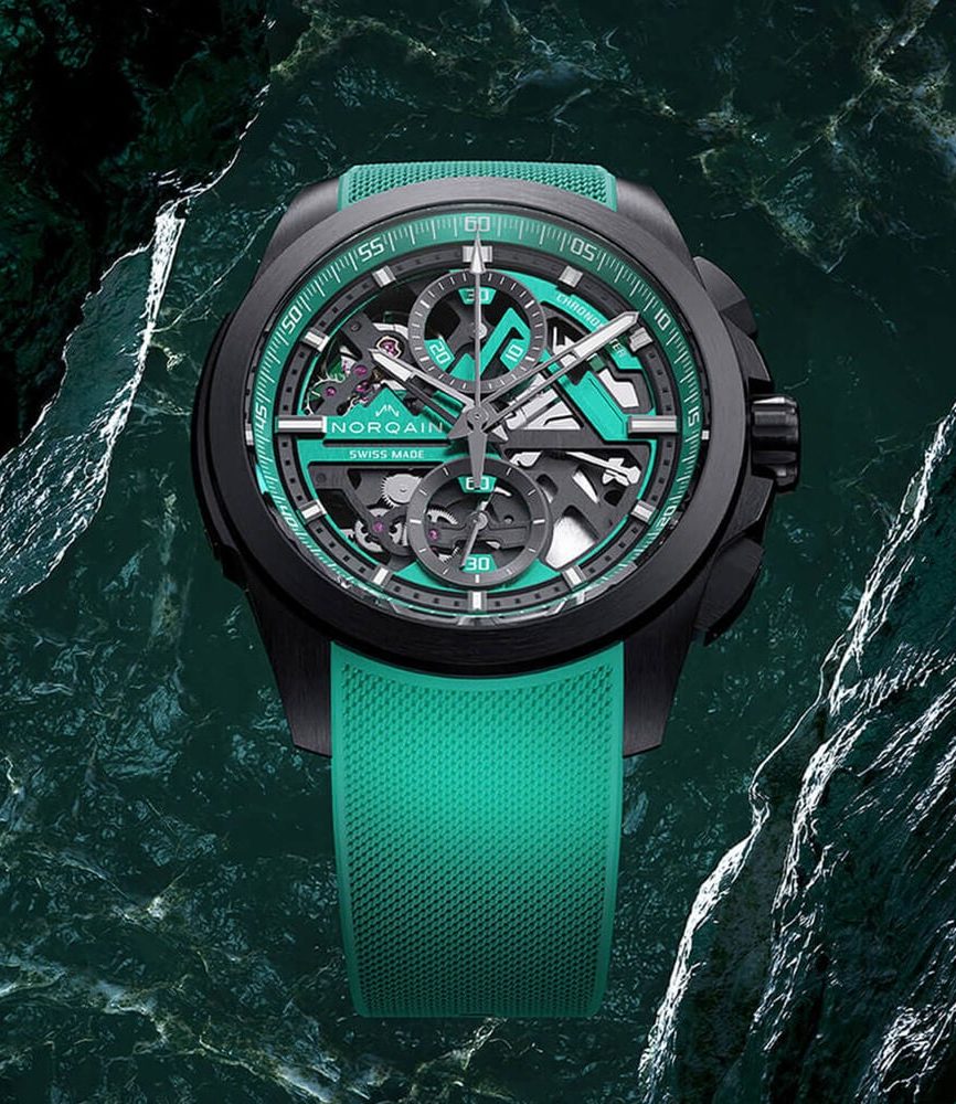 NORQAIN Independence Skeleton Chrono 42mm Dial Titanium Case Green Rubber Strap Watch image number 1