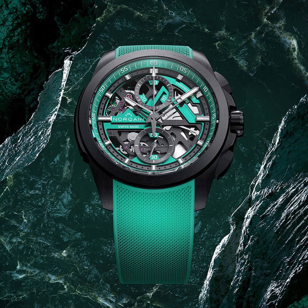 NORQAIN Independence Skeleton Chrono 42mm Dial Titanium Case Green Rubber Strap Watch image number 1