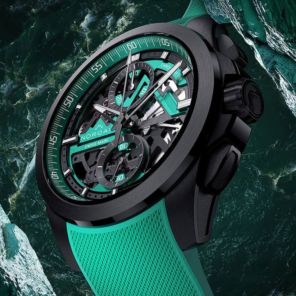 NORQAIN Independence Skeleton Chrono 42mm Dial Titanium Case Green Rubber Strap Watch image number 3
