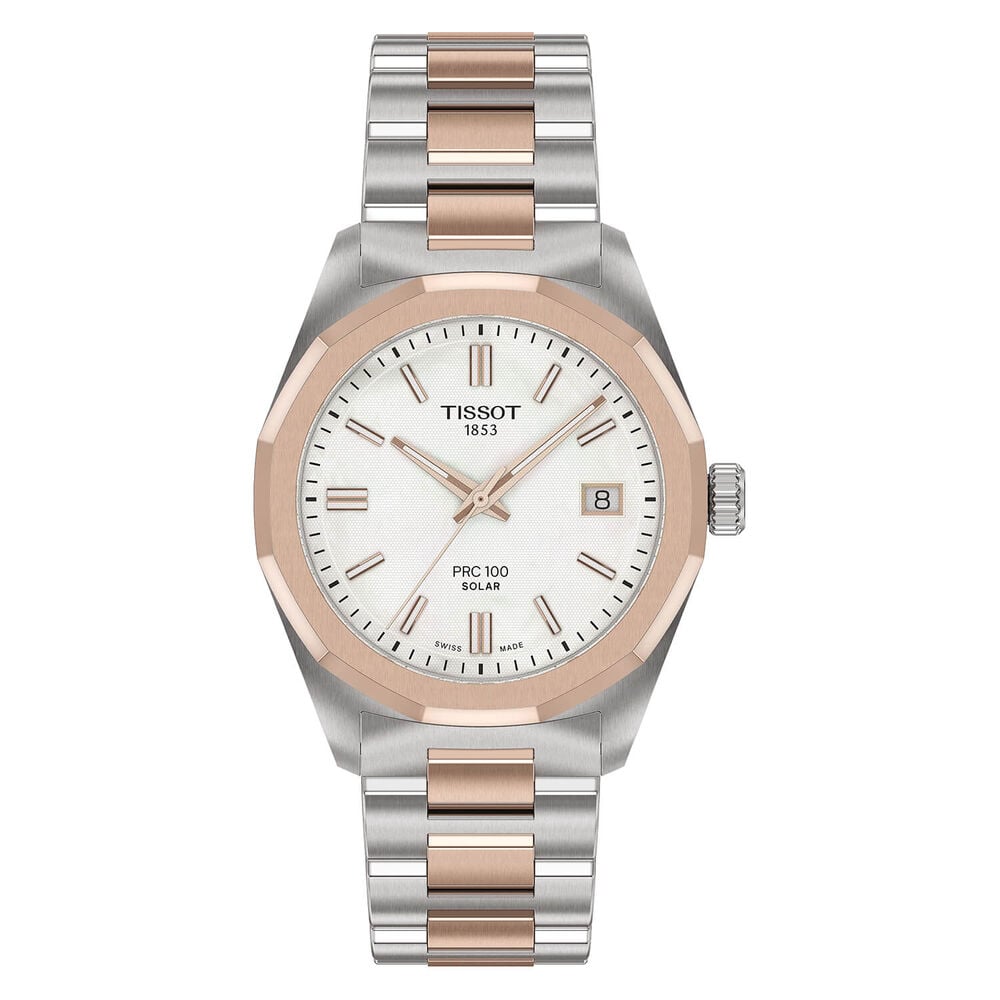 Tissot PRC 100 Solar 34mm Mother of Pearl Dial Rose Gold PVD Steel Bracelet Watch image number 0