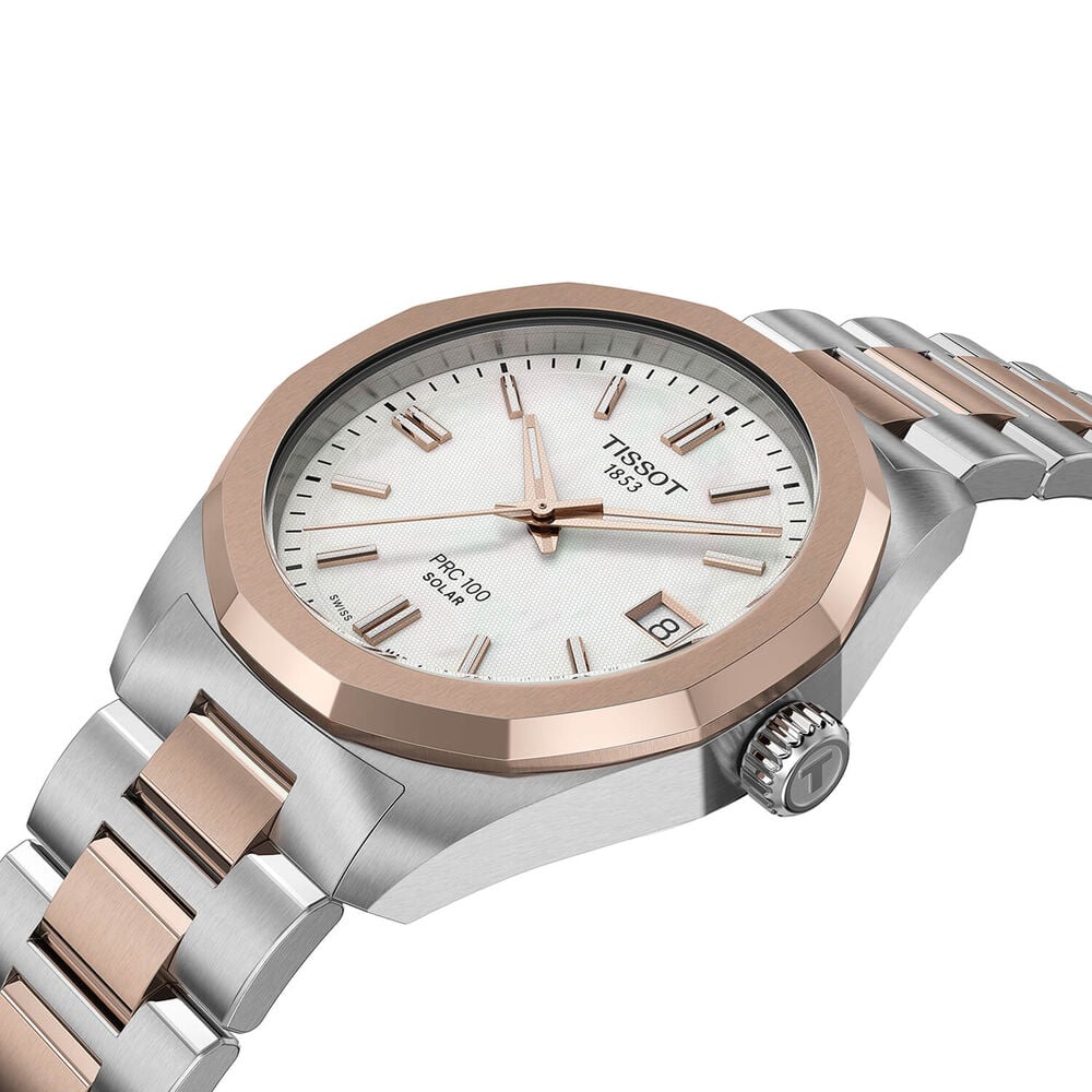 Tissot PRC 100 Solar 34mm Mother of Pearl Dial Rose Gold PVD Steel Bracelet Watch image number 1